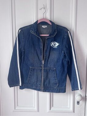 Women’s Vintage Roots Zip Up Denim Jacket Race Car Graphics Size XL